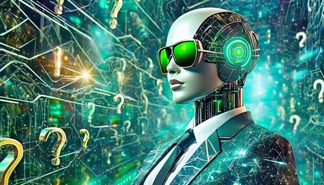 An illustration of an Artificial Intelligence in a suit and sunglasses. Ask questions to AI and get answers.
