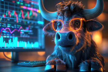 A cute bull with glowing eyes is sitting at the computer. There is an orange neon glow on his face and he has glasses that reflect trading charts. Created with Ai - obrazy, fototapety, plakaty