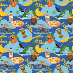 Seamless pattern in Rasta colors. Jamaican vector pattern. Rum, ackee fruit, hummingbird, waterfall, beach bar, rastafarian, giant drum in flat style on blue background.