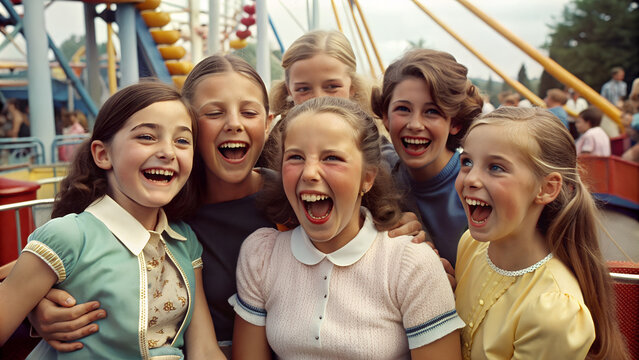 Group of 1960s girls having fun, laughing together in an amusement park