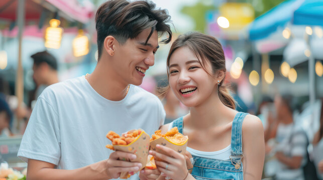 Portrait of a young Asian couple eating street market, fried chicken, burgers