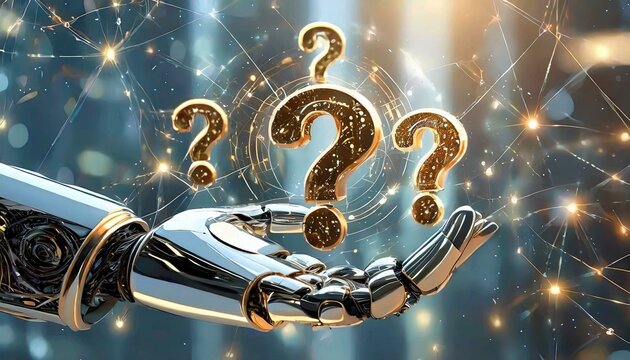 An Artificial Intelligence in humanoid form showing the question mark symbol. What is your question?
