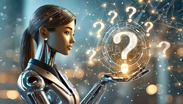 An Artificial Intelligence in humanoid form showing the question mark symbol. What is your question?
