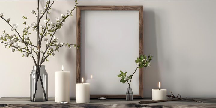   A rectangular picture frame made of wood sits on wooden shelf with glass vase and white candles , Poster mock up in modern interior with plants. 3D rendering on white background 
