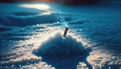 tranquil winter scene with a single smoldering cigarette embedded in fresh snow under a serene moonlit sky, snow, cigarette, winter, cold, smoldering, tranquil, serene, moonlight, night, glitter - obrazy, fototapety, plakaty