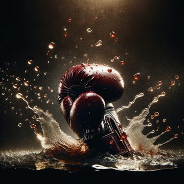 high-impact boxing glove striking with force through water, creating a dramatic splash and droplets in a fierce workout, boxing, glove, strike, water, splash, droplets, impact, workout, force, drama