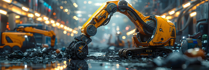 Robot Performing Recycling Tasks in Industrial ,
Workers operating heavy machinery in a construction site within the industrial zone
 - obrazy, fototapety, plakaty