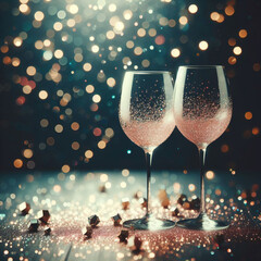 ゴールドの輝きのボケ味の背景を持つお祝いの乾杯用のシャンパン。柔らかく明るい金色のボケ味の前にスパークリング ワインのグラス。 - obrazy, fototapety, plakaty