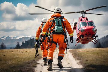 Two paramedics with safety harnesses and climbing equipment ran to the helicopter emergency medical service. Themes: rescue, help and hope - obrazy, fototapety, plakaty