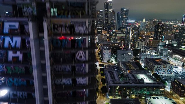 Aerial hyperlapse of city lights in downtown Los Angeles, California, USA