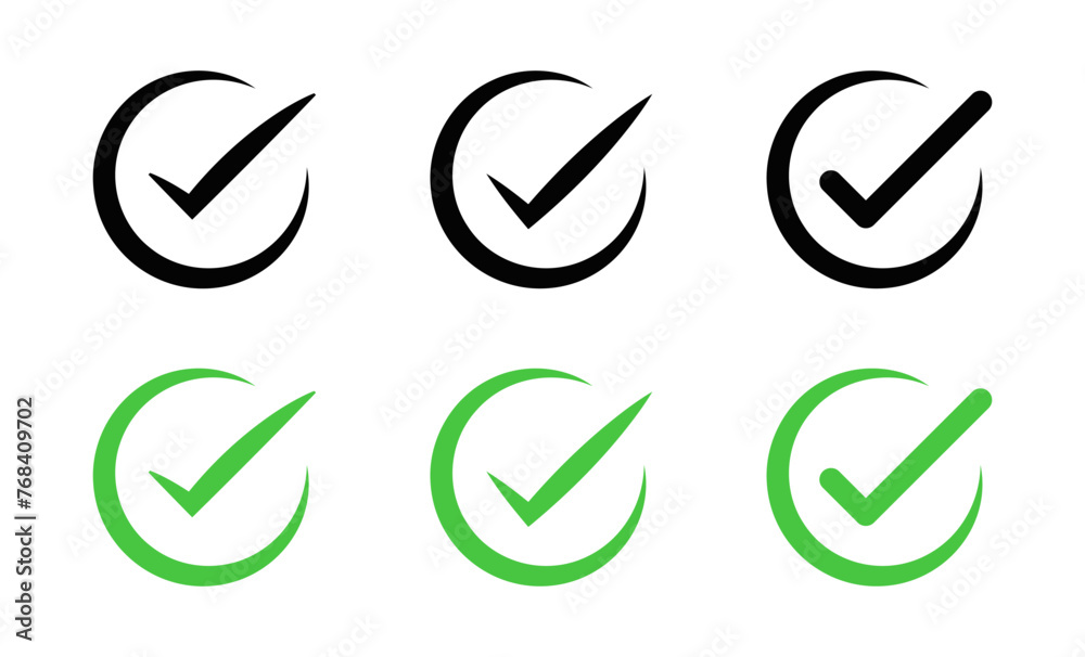 Poster check mark icon set. check box icon with correct, accept checkmark icons green tick box, check list circle frame - checkbox symbol sign. checkbox circle frame