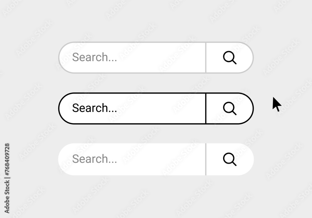 Poster search bar frame with magnifying glass icon and mouse cursor icon, internet search box template with