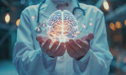 The image illustrates a visual metaphor for innovation and global connectivity, featuring a human brain linked with DNA and surrounded by symbols of technology and business A hand holds a glowing glob