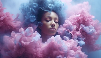 a young woman immersed in a haze of smoke, adorned with blooming flowers that gracefully conceal her face and body, evoking a sense of mystery and beauty. - obrazy, fototapety, plakaty