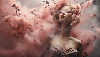 a young woman immersed in a haze of smoke, adorned with blooming flowers that gracefully conceal her face and body, evoking a sense of mystery and beauty. - obrazy, fototapety, plakaty