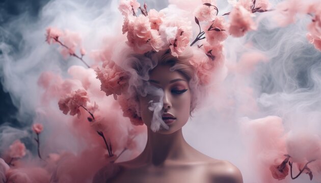 a young woman immersed in a haze of smoke, adorned with blooming flowers that gracefully conceal her face and body, evoking a sense of mystery and beauty.