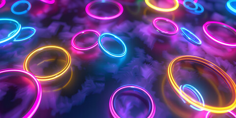 Abstract geometric background Neon rings glowing bubbles Pink blue yellow glowing round shapes 3d rendering of colorful neon light abstract.AI Generative