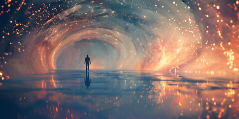 A person entering a portal on space digital art the pattern pulse wave generation of galaxy.AI Generative 
