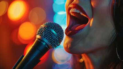 Close-up of a female vocalist passionately singing into a microphone against a backdrop of colorful stage lights.