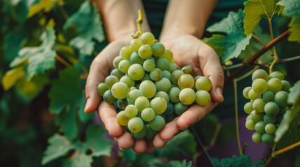 Close-up of hands holding a bunch of green grapes in a vineyard, showcasing a successful harvest.