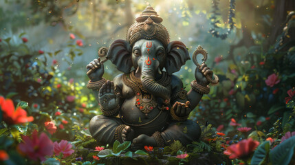 A serene depiction of the Hindu deity Lord Ganesha seated in a tranquil, lush garden surrounded by an aura of mystical light.