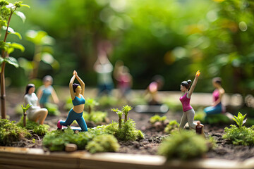 Miniature people doing yoga in a tiny garden