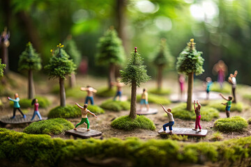 Miniature people doing yoga in a tiny forest