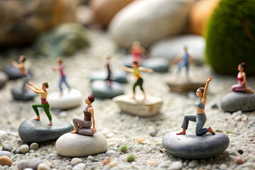 Miniature people doing yoga on small stones