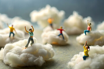 Miniature people doing yoga on tiny clouds