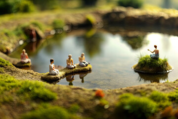 Miniature people meditating by a tiny lake
