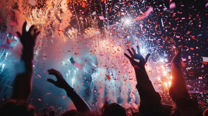 The energy is contagious as fans revel in the festive atmosphere surrounded by confetti and fireworks at the stadium.