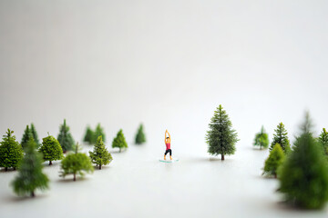 Miniature people doing yoga in a tiny forest
