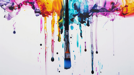 A paintbrush is dipped into a red, yellow, and blue paint - Powered by Adobe