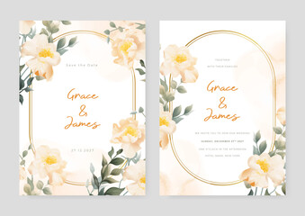 White and beige marigold artistic wedding invitation card template set with flower decorations