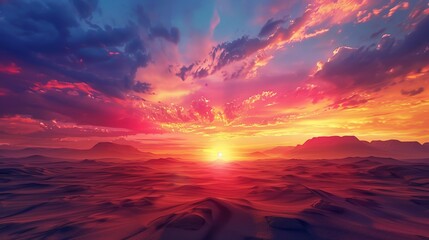 A vibrant sunset casting a fiery glow across a vast desert landscape