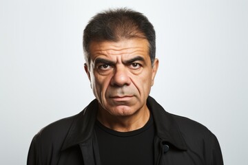 Portrait of an angry mature man looking at the camera on grey background