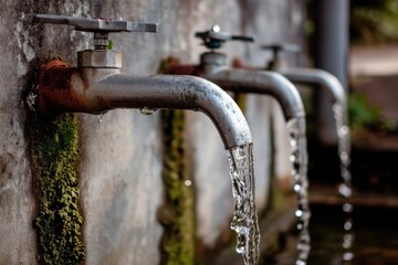 Three faucets are dripping water onto a wall