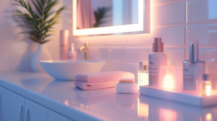 a scene in a bathroom where individuals engage in personal grooming activities such as skincare routines, hair care, and hygiene practices, emphasizing the importance of self-care.