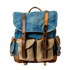 Backpack isolated on transparent background, cut out, png, blue and brown bag