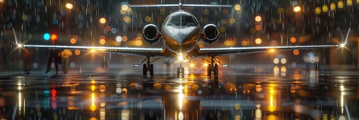 Spacious hangar showcases high-tech private jet, a marvel of design. A modern hangar with a modern high-tech private jet standing in it.