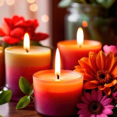 Obraz na płótnie Canvas Scented candles with flowers, warm love glowing romantic celebration scene