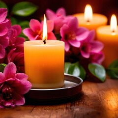 Fototapeta na wymiar Scented candles with flowers, warm love glowing romantic celebration scene