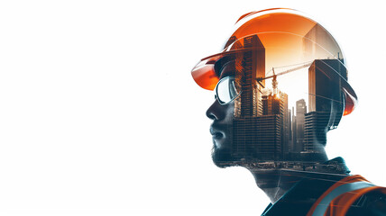 double exposure, a construction worker with uniform standing front a building - obrazy, fototapety, plakaty