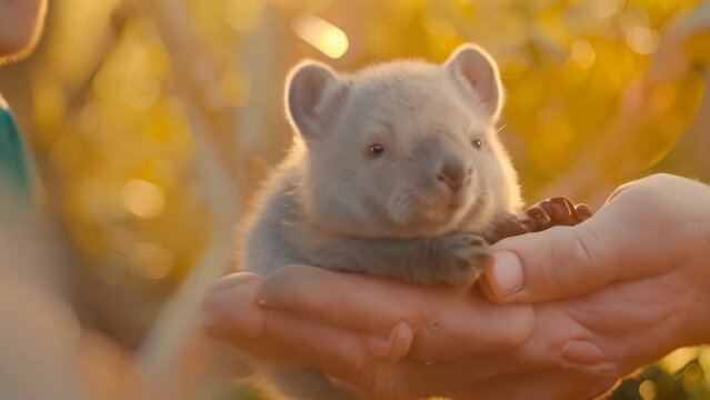 Baby common wombat held in human hand. 4k video animation