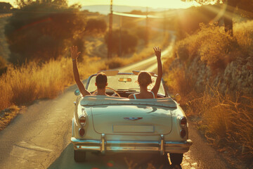 Based on the given sentences and tags, the image could be described as A vintage convertible with a couple driving on a road near the beach, illustrating a fun summer travel scene with a hint of carto - obrazy, fototapety, plakaty