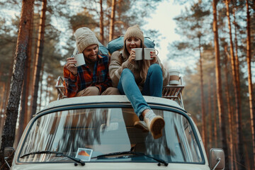 Based on the given sentences and tags, the image could be named: Two smiling women enjoying a summer road trip in their car, embodying love, friendship, and the joy of travel amidst nature - obrazy, fototapety, plakaty