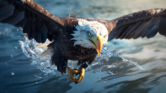 Fishing Bald Eagle a bald eagle facing camera catches a fish out of the water in the style of National Geographic contest winner super telephoto close up 