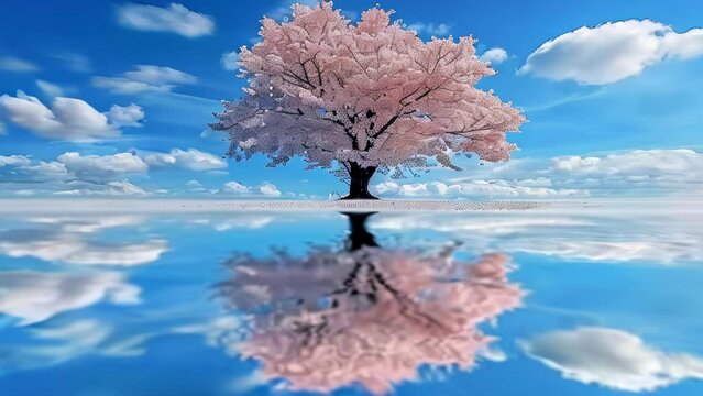 Mirrored on the crystal-clear water stands a solitary cherry blossom tree in full bloom. 