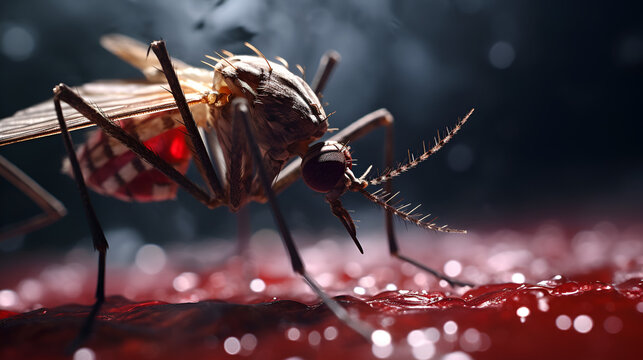 mosquito on red blood cell close-up. 3d rendering, microscopic image of a mosquito, 