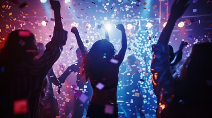 Backlit image, silhouettes of young people dancing in a nightclub with bright lights in the background, confetti confetti Libbins in celebration.